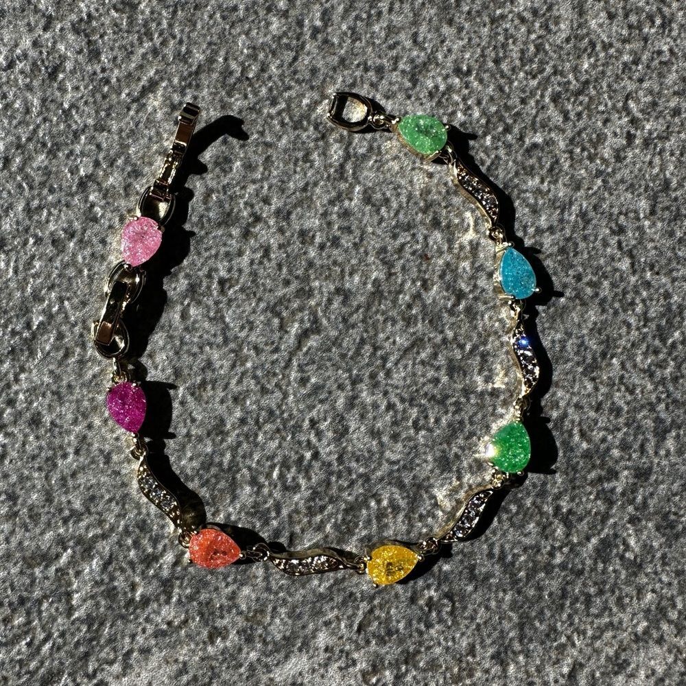 NEW Yellow Gold Pear Shaped Multicolor Galaxy Candy Stones 6.5” or 7.5” Bracelet - Picture 12 of 16